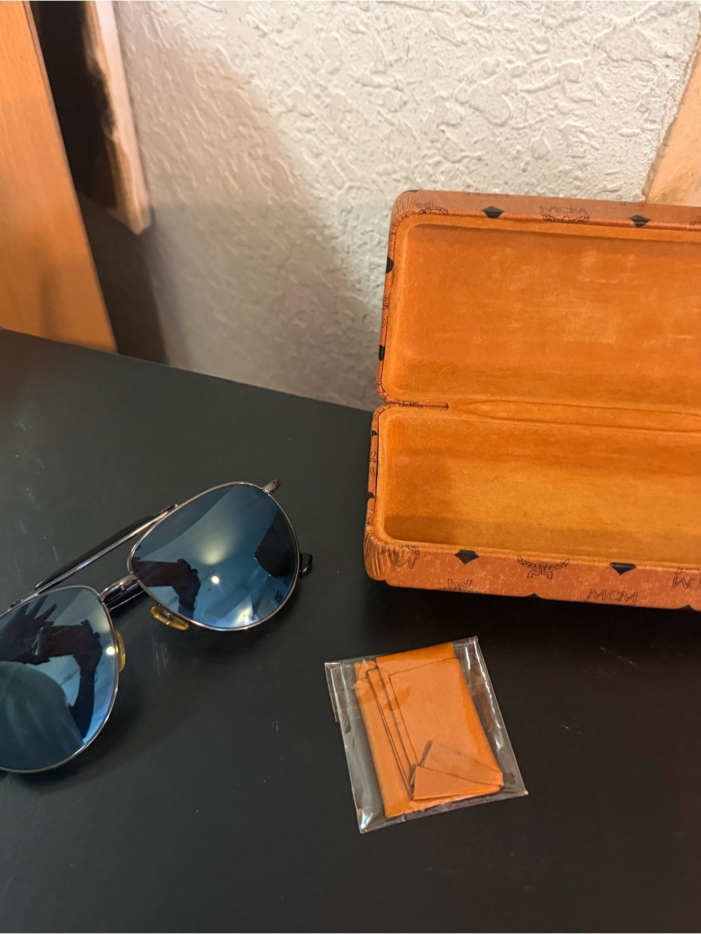 MCM Orange Suede Sunglasses Case with Matching Orange Slim Leather Wallet